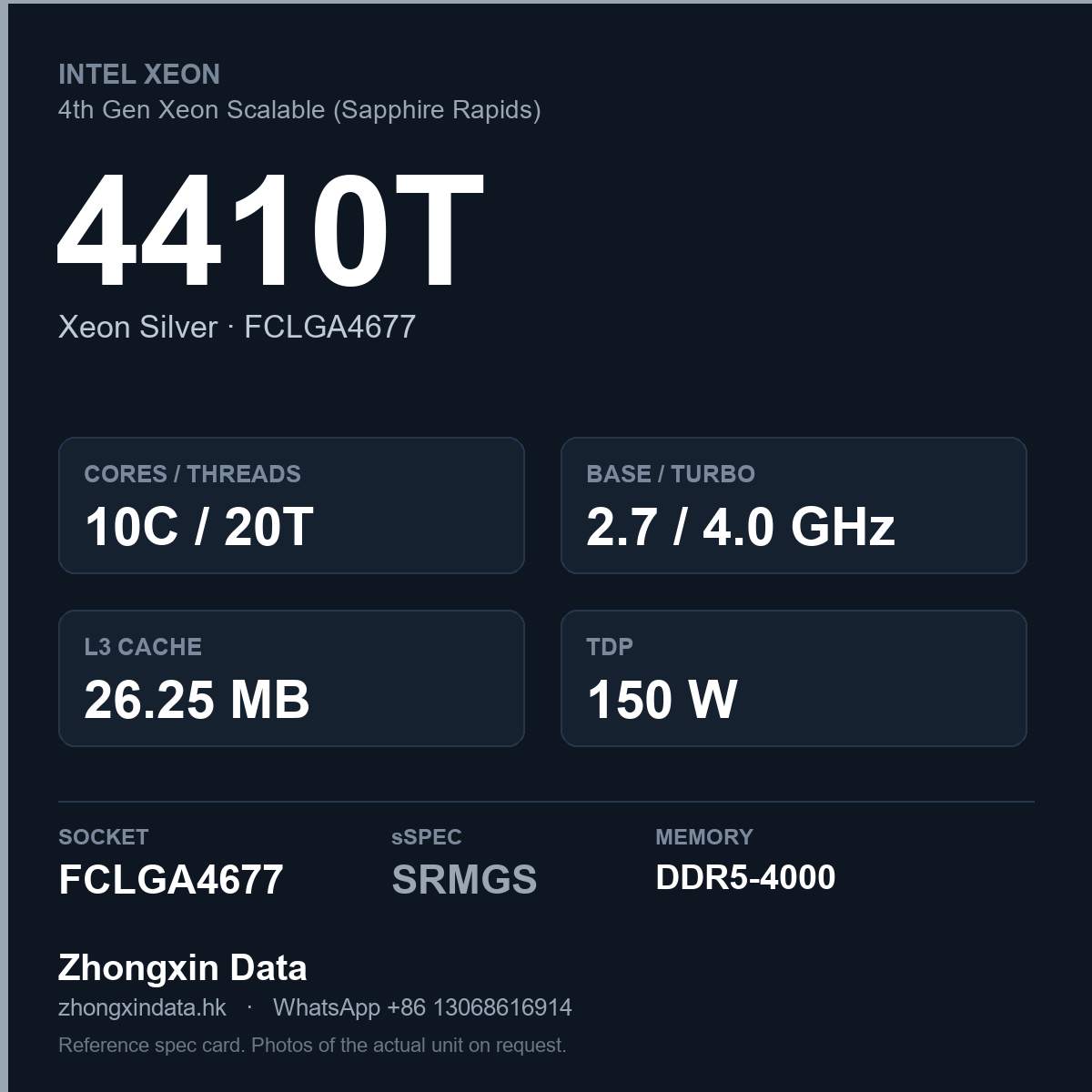 Intel Xeon Silver 4410T 10-core server processor, FCLGA4677, sSpec SRMGS - reference spec card
