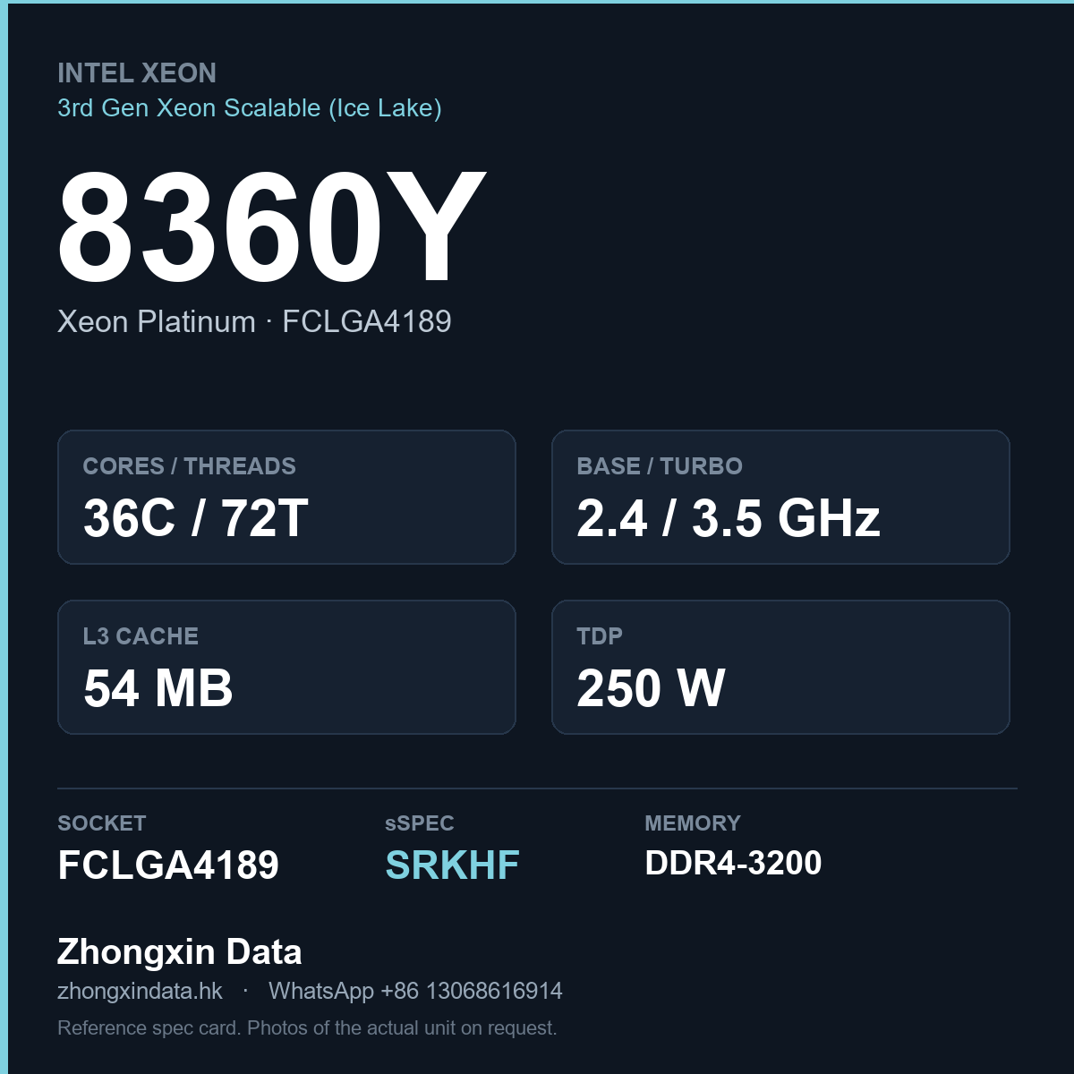 Intel Xeon Platinum 8360Y 36-core server processor, FCLGA4189, sSpec SRKHF - reference spec card