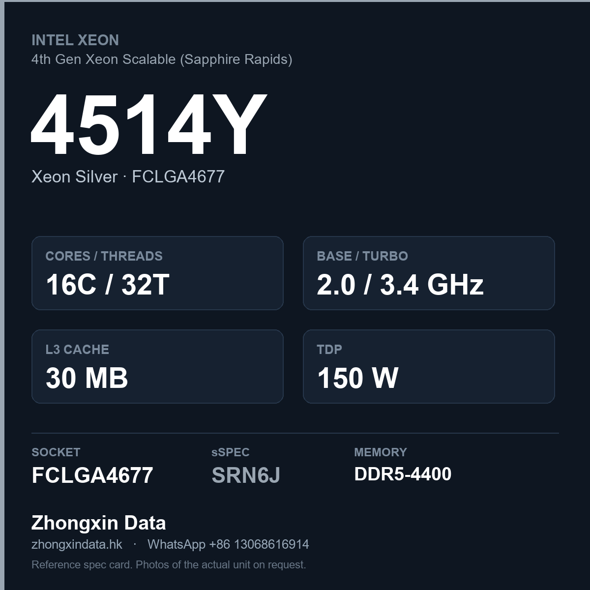 Intel Xeon Silver 4514Y 16-core server processor, FCLGA4677, sSpec SRN6J - reference spec card