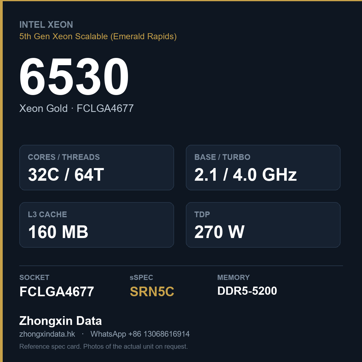 Intel Xeon Gold 6530 32-core server processor, FCLGA4677, sSpec SRN5C - reference spec card