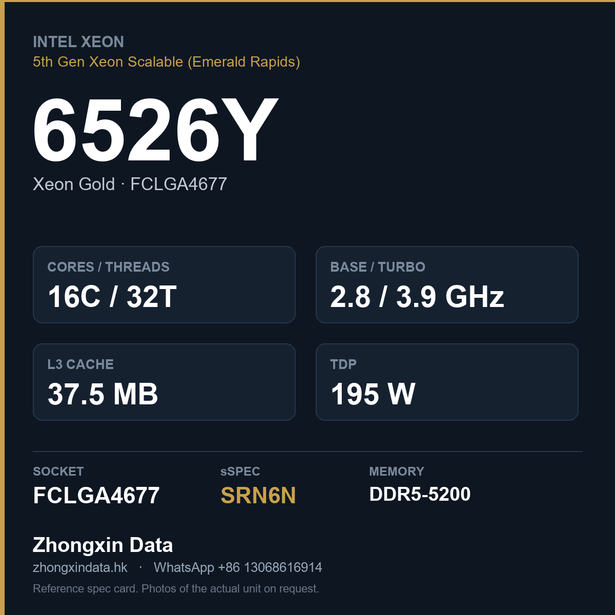 Intel Xeon Gold 6526Y 16-core server processor, FCLGA4677, sSpec SRN6N - reference spec card