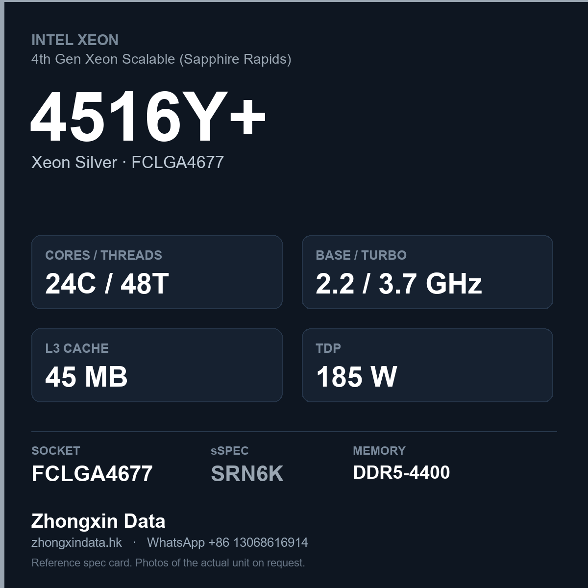 Intel Xeon Silver 4516Y+ 24-core server processor, FCLGA4677, sSpec SRN6K - reference spec card
