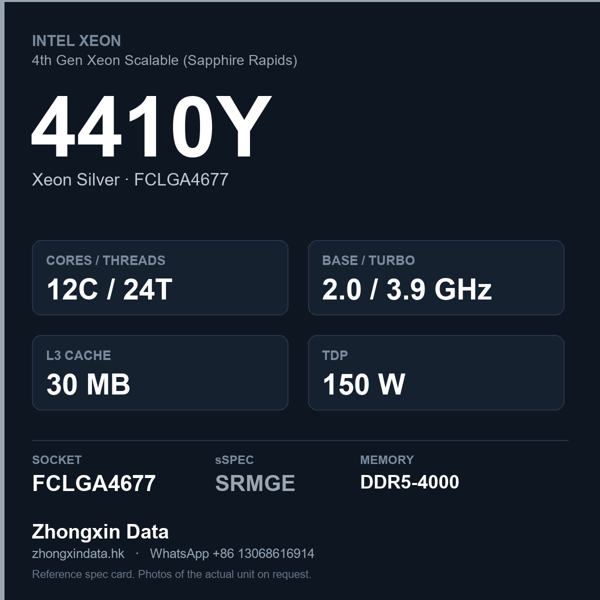 Intel Xeon Silver 4410Y 12-core server processor, FCLGA4677, sSpec SRMGE - reference spec card