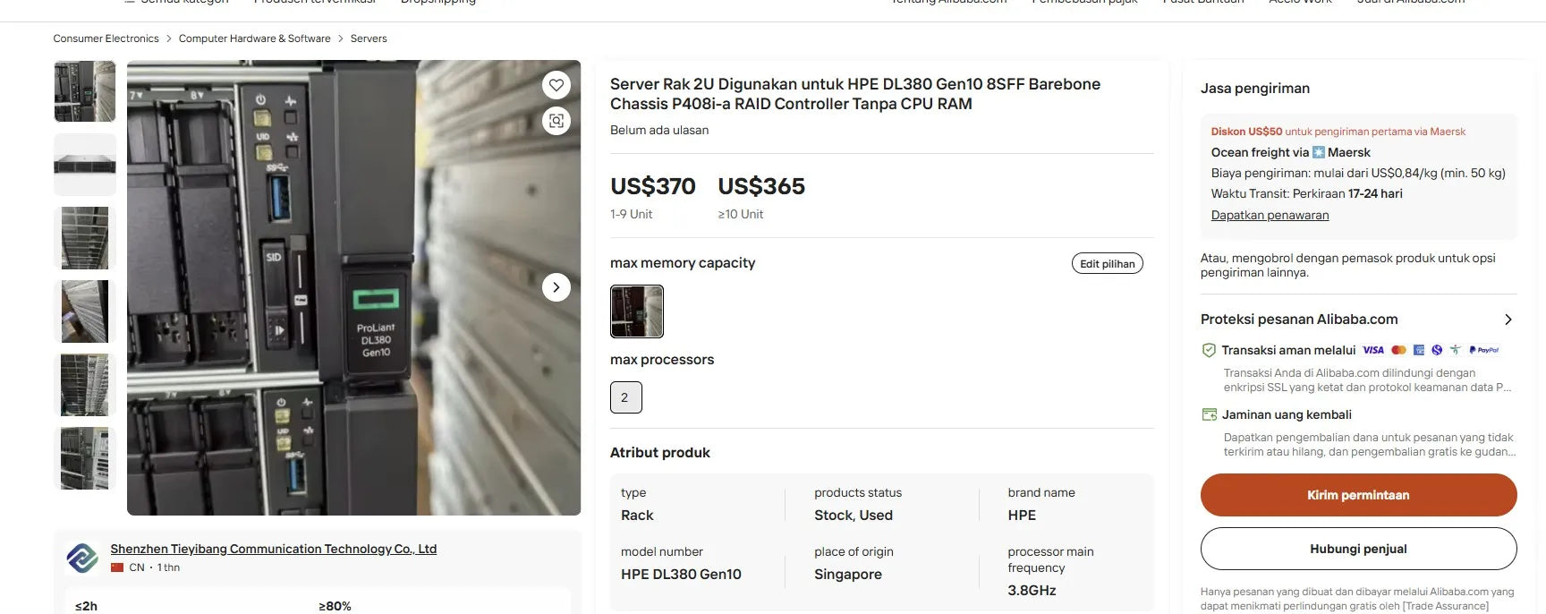 Used HPE ProLiant DL380 Gen10 8SFF Barebone Server Chassis with P408i-a RAID Controller