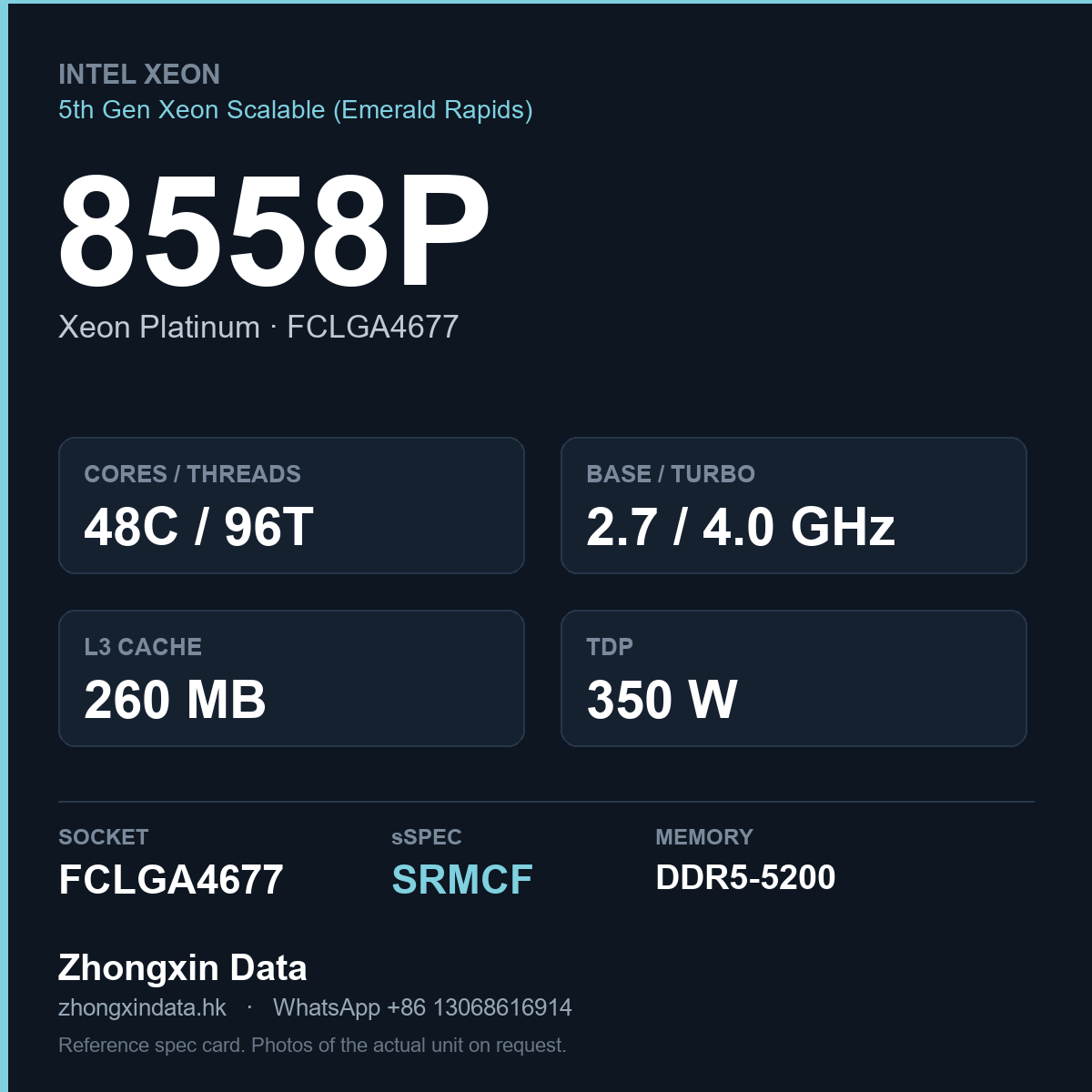 Intel Xeon Platinum 8558P 48-core server processor, FCLGA4677, sSpec SRMCF - reference spec card