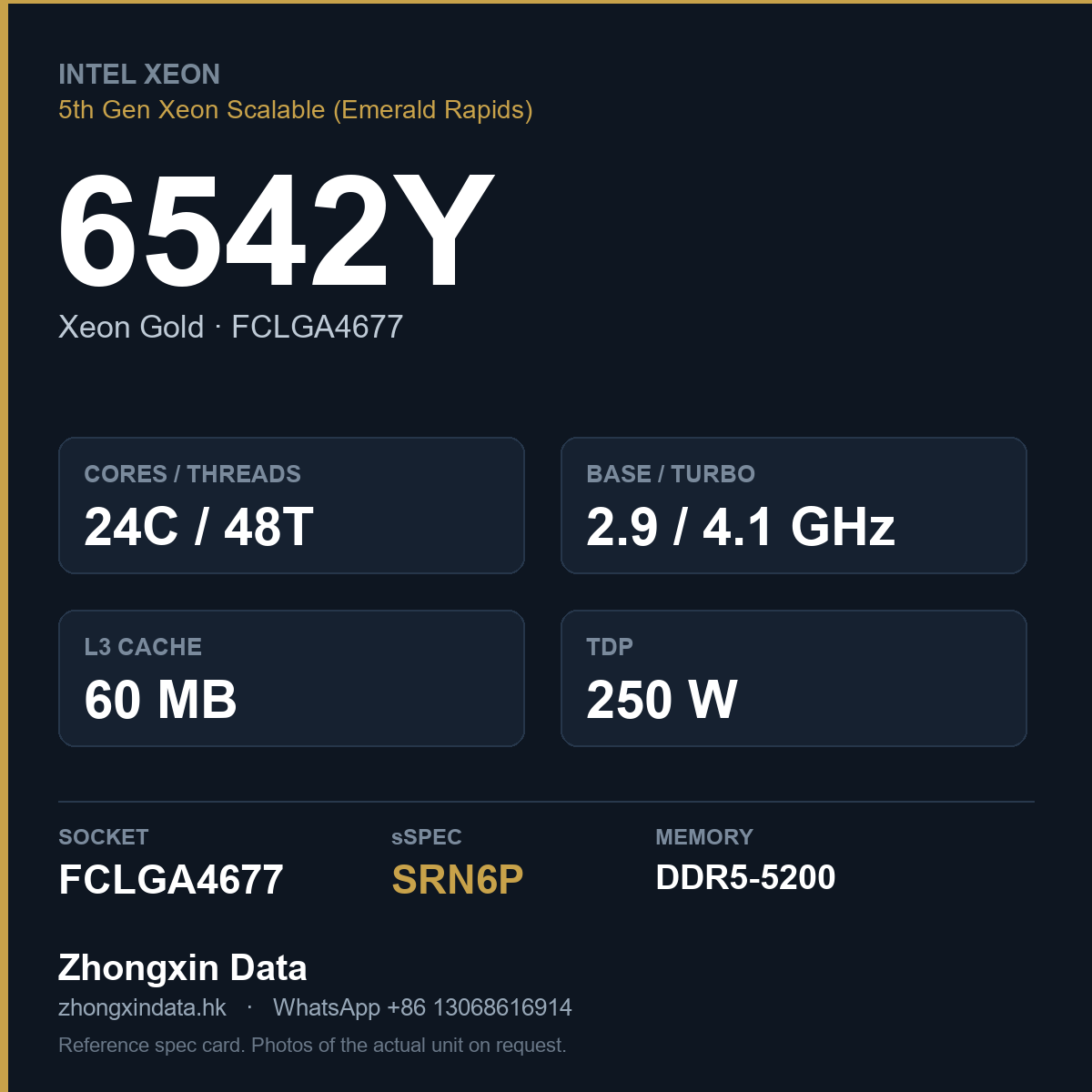 Intel Xeon Gold 6542Y 24-core server processor, FCLGA4677, sSpec SRN6P - reference spec card