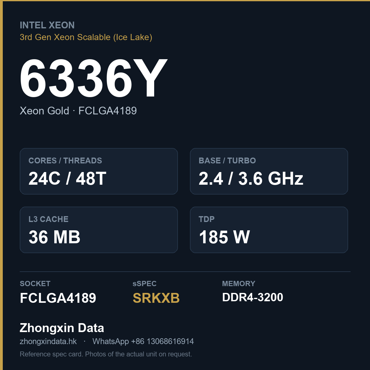 Intel Xeon Gold 6336Y 24-core server processor, FCLGA4189, sSpec SRKXB - reference spec card