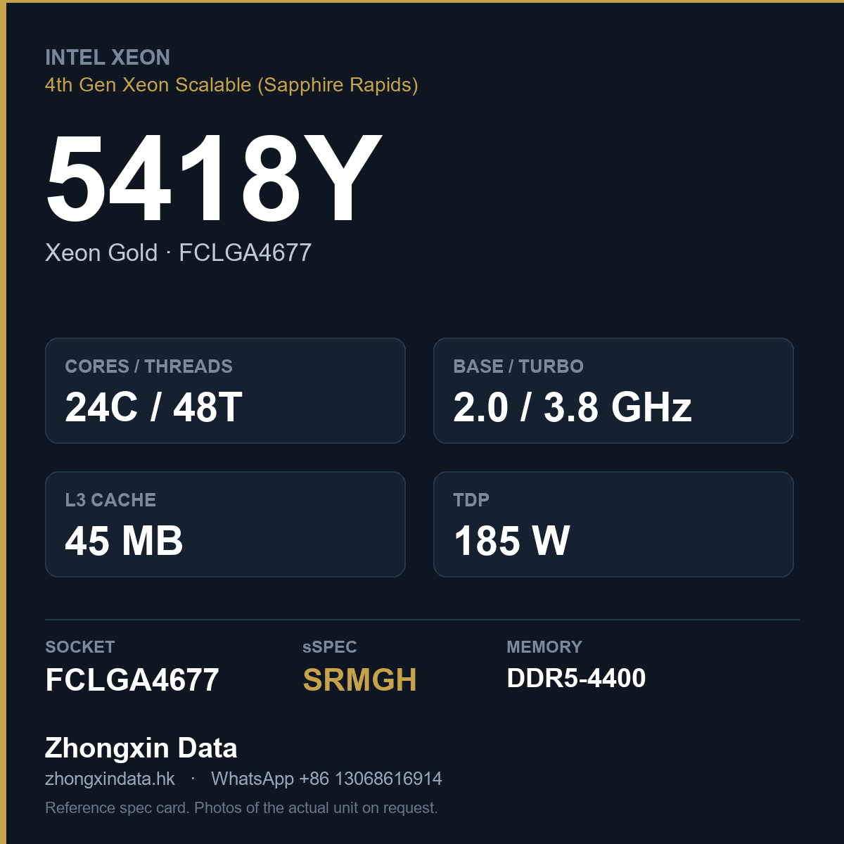 Intel Xeon Gold 5418Y 24-core server processor, FCLGA4677, sSpec SRMGH - reference spec card