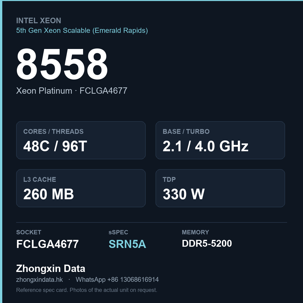 Intel Xeon Platinum 8558 48-core server processor, FCLGA4677, sSpec SRN5A - reference spec card
