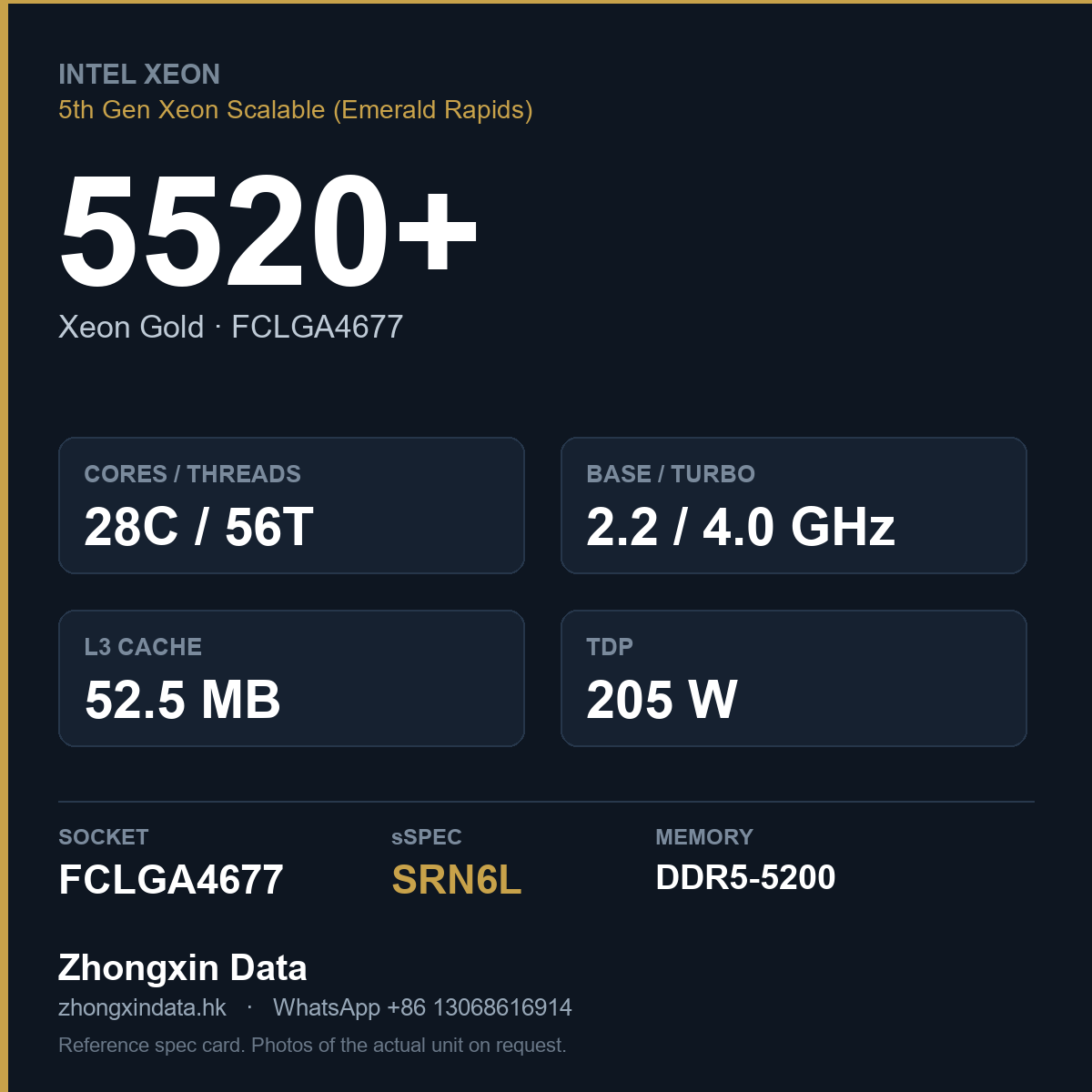 Intel Xeon Gold 5520+ 28-core server processor, FCLGA4677, sSpec SRN6L - reference spec card